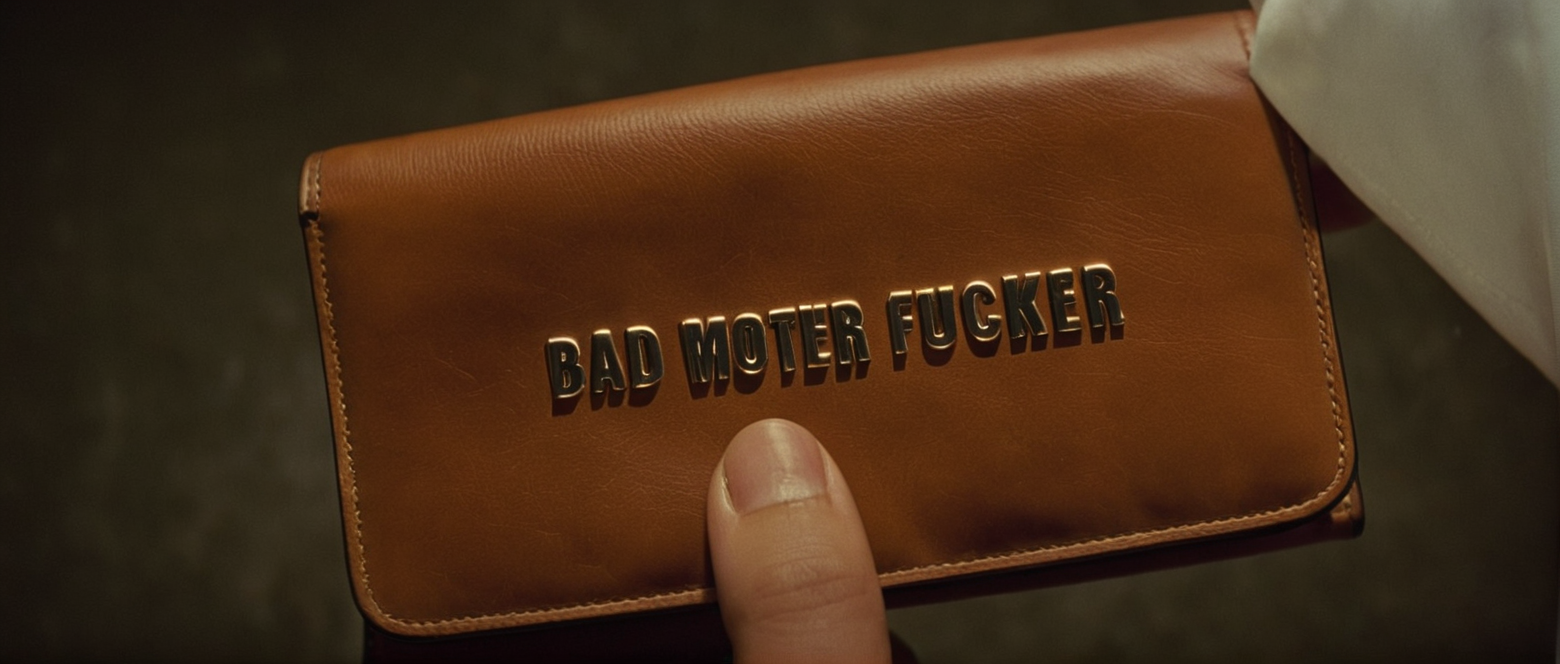 cinematic film still of  <lora:Pulp Fiction style:1>
from above a person holding a brown leather wallet with words on it says,"bad mother fucker",closeup,1girl,solo,feet,english text,toes,close-up,out of frame,foot focus , 1990's, 90's, film, cinematic, crime and violence, classic, graphic violence, Kodak film, motion picture image,Pulp Fiction style, Pulp Fiction Film style, shallow depth of field, vignette, highly detailed, high budget, bokeh, cinemascope, moody, epic, gorgeous, film grain, grainy