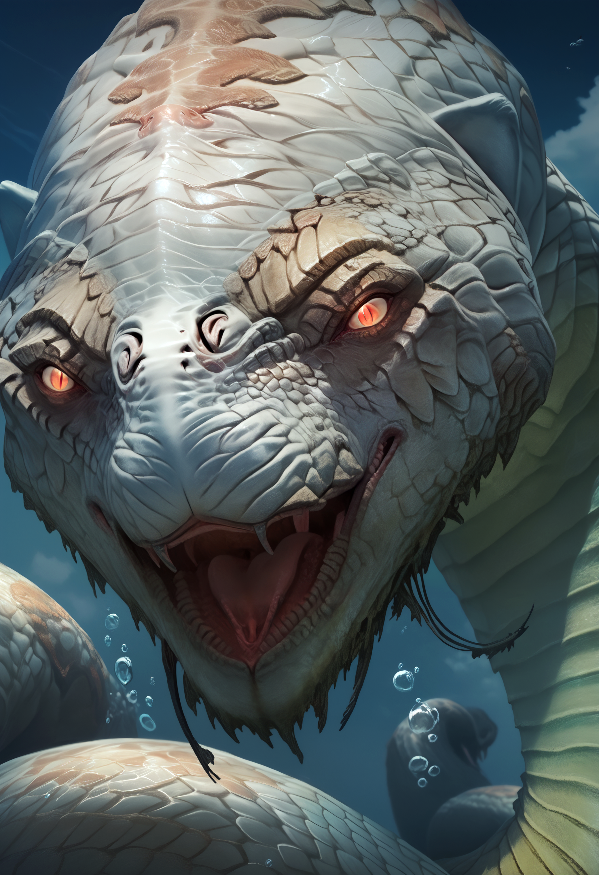 score_9, score_8_up, score_7_up, 8k, detailed design, detailed background, detailed characters, masterpiece, anthro only, furry only, 1boy, solo,  <lora:Jormungandr-000002>, Jormungandr, snake, scales, monster, white skin, glowing eyes, red eyes, looking at viewer, open mouth, underwater, ocean,