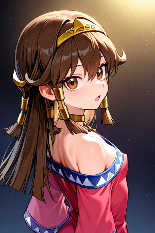 masterpiece, High quality, Ultra detailed, 2d, newest, absurdres, highres, BREAK
1girl, solo, egyptian, <lora:sera:0.8>, sera_(yu-gi-oh!), long hair, brown hair, sidelocks, hairband, hair tubes, jewelry, hair between eyes, brown eyes, choker,
small breasts, seradef, off-shoulder dress, dress, ankh, bracelet,
from behind, open mouth, looking at viewer,