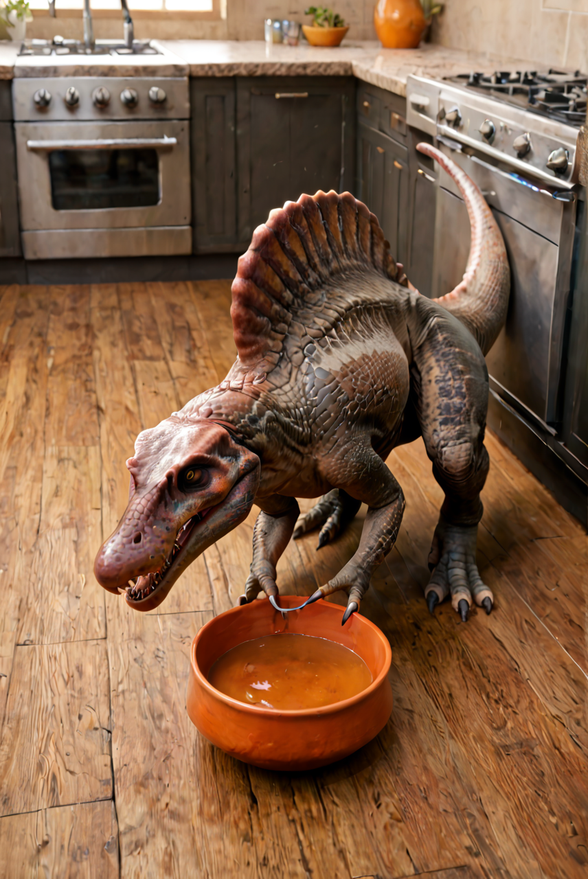 source_furry, score_9, score_8_up, score_7_up, (spinosaurus_jwe, dinosaur, feral, chibi, cute), scalie, light blue scales, orange accents, detailed scales, snout, broad snout, elongated snout, amber eyes, detailed eyes, teeth, sharp teeth, back sail, claws, digitigrade legs, tail, <lora:Spinosaurus_JWE2:0.8>, indoors, kitchen, view from above, look to viewer, looking cute, cute eyes, all fours, feeding bowl before dinosaur, zPDXL2, zPDXLpg, zPDXLrl, best quality, highly detailed, extreme details, masterpiece, photorealistic, hyperrealistic, ultra realistic, hdr, 4k, uhd, ray tracing, shaded