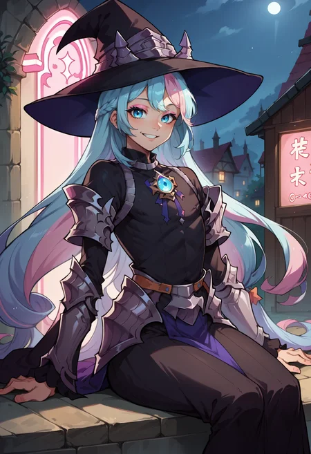 score_9, score_8_up,score_7_up, source_anime, 1boy, solo, otoko no ko, <lora:EPfeRosadoPony_epoch_6:0.85>, EPfeRosado, blue hair, multicolored hair,blue eyes, very long hair, pink hair, crossdressing,
glowing neon lights, sitting, armoured, witch hat, witch robe, eyeshadow, looking at viewer, smiling, pink glow, pink magical energy,