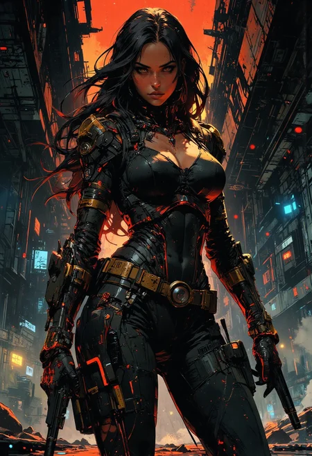 in the style of ck-mgs, nistyle, Inkplash art on rice paper, sepia, henna, Silhouette Art, magnificent, inksplash, closeup portrait, female space pirate, outlaw, large breasts, toned arms, flowing black hair, reflective black and neon red armor, armor, large breasts, holding two pistols, abstract background suggesting a futuristic city, the belly of a spaceship opening up with a ramp, midnight atmosphere, moonlight, moon rays, night, Cowboy Shot, close up,