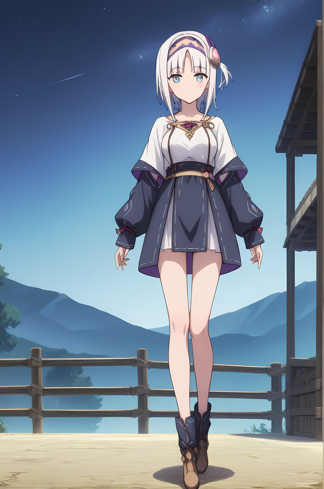 (:1.40), sh-syne, white hair, medium hair, headband, hair ornament, blue eyes, medium breasts, 1girl, solo, skinny, (score_9, score_8_up, score_8, score_7_up), score_7, score_6_up, score_6, source_anime,
(blush:1.20),
(night sky outdoors:1.20),
(full body:1.30),
feet, <lora:sh-syne-V01-000003:1.00>
