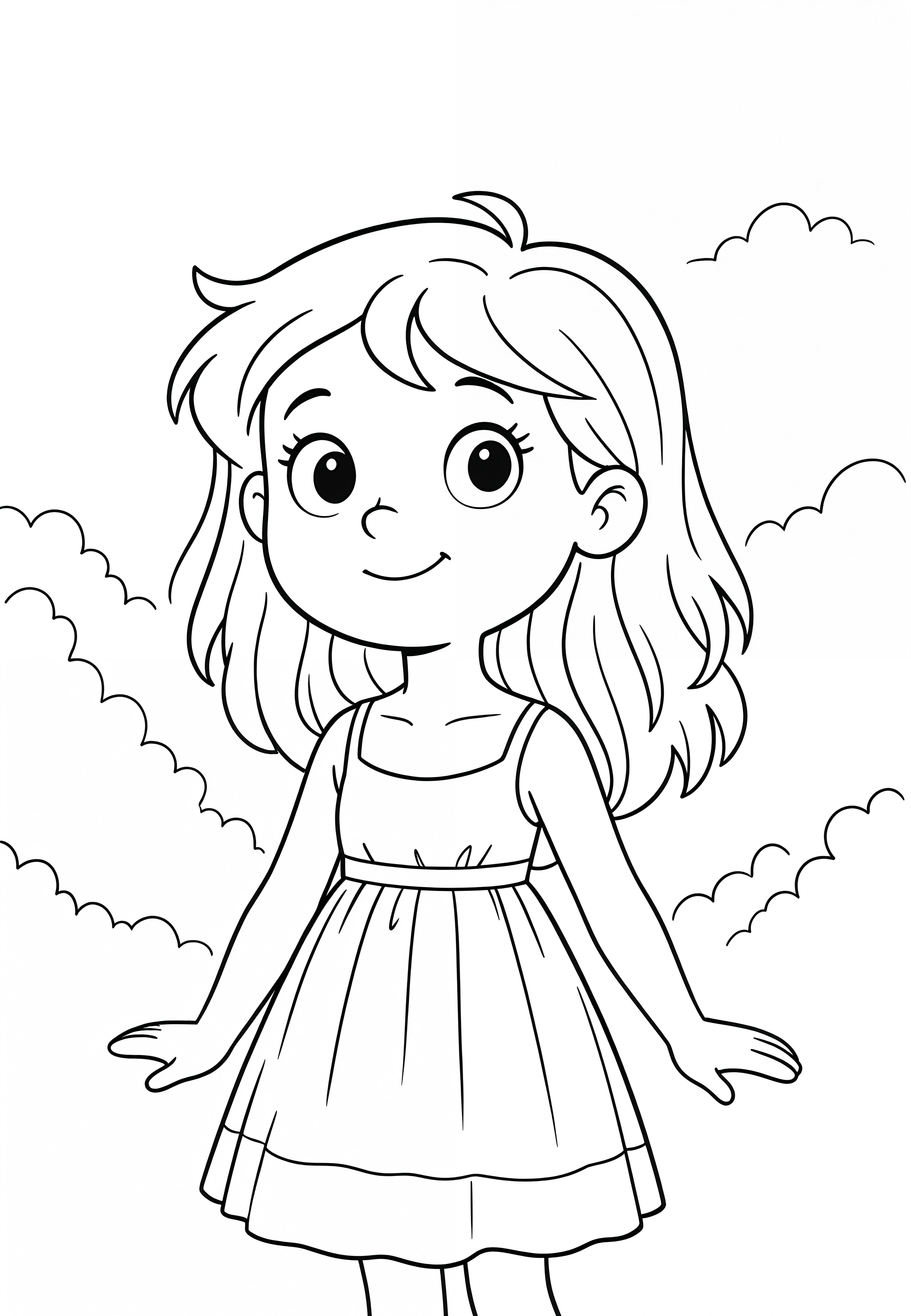 female, wearing summer dress, c0l09ing in coloring book style, black and white line art, thick clean outlines, no shading, simple cartoon design for kids