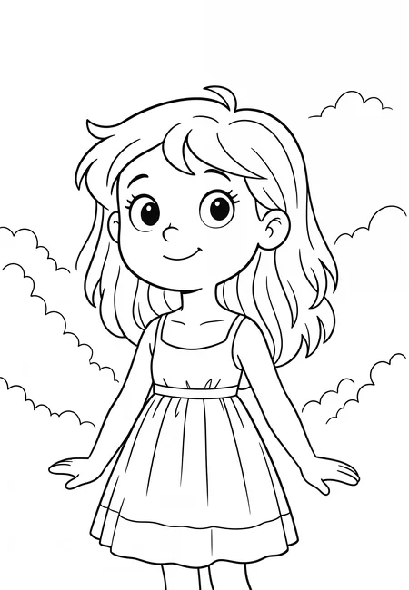 female, wearing summer dress, c0l09ing in coloring book style, black and white line art, thick clean outlines, no shading, simple cartoon design for kids