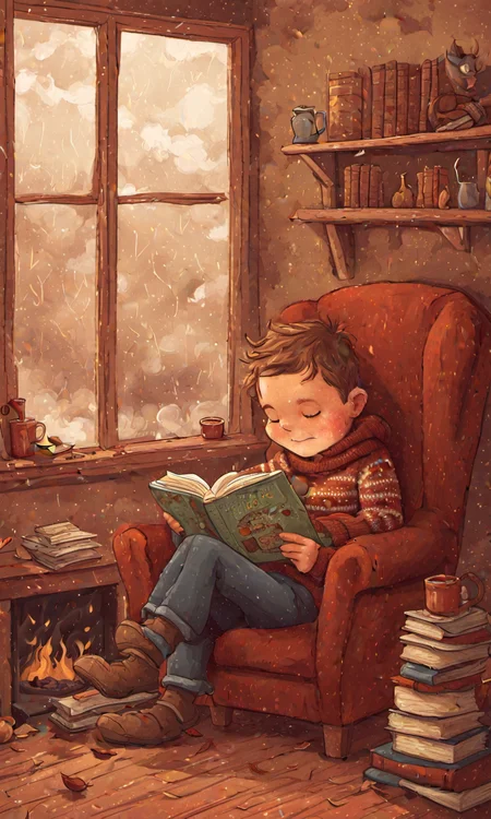 <lora:Childrens_book_illustration-000001:0.7> <lora:Johan_Potma_Art_Style_SDXL-000008:0.7> childrens_book_illustration potma style
stormy weather hot chocolate in cozy reaeding nook, cartoon boy in fluffy sweater reading a book, warm colors, detailed, autumn outside, fireplace
masterpiece, dribbble