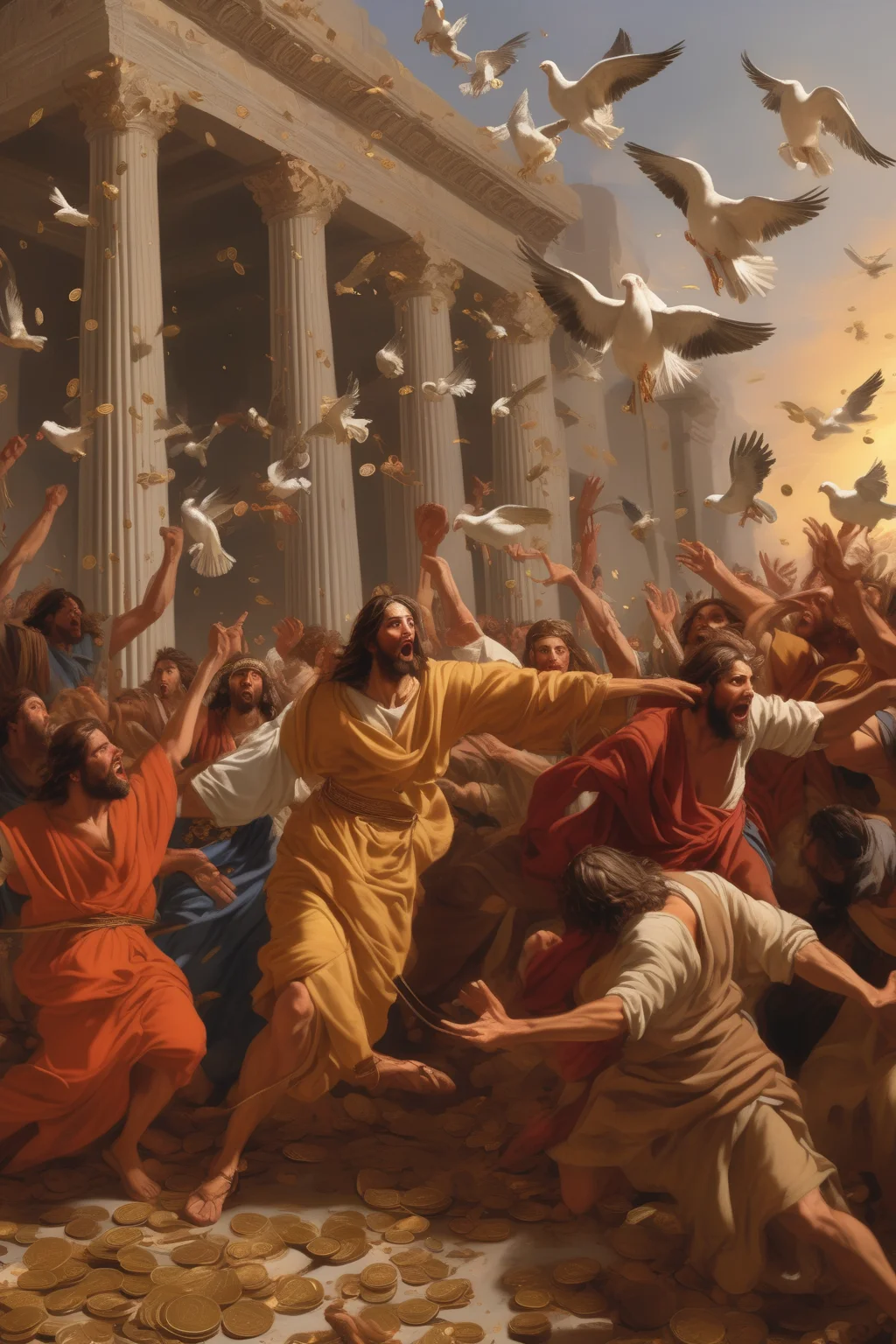 <lora:Nicolas Poussin Style:1>Nicolas Poussin Style - Depict a scene of fervor and disruption in the Jerusalem temple. Jesus is at the heart of the scene, brandishing a whip of cords, his expression stern and determined. People are fleeing in all directions - merchants gather their livestock, money changers clutch their scattered coins, and tables lay overturned. Doves are seen escaping, their wings flapping in the air. The temple's intricate architecture is bathed in the soft glow of the setting sun. Use a Nikon D6 DSLR camera with an AF-S NIKKOR 24-70mm f/2.8E ED VR lens for a dynamic shot. The resolution should be 20.8 megapixels, ISO sensitivity: 102,400, and shutter speed 1/8000 second. The style should be ultra-realistic, with a focus on the dramatic lighting and a palette of deep, warm hues.
