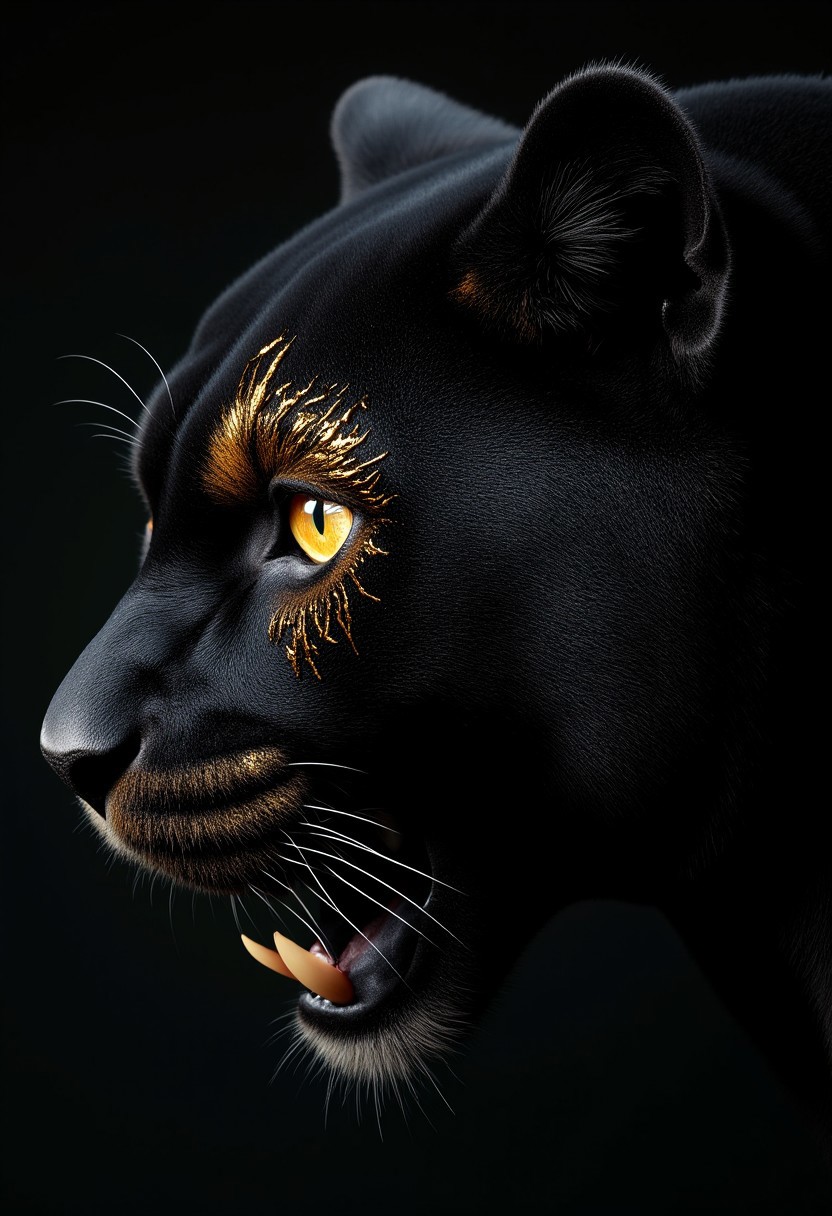 The extreme macro photo captures a fearsome black panther's left eye, bathed in a dark and inky contrast. Its piercing pure gold eyes and sharp teeth are visible in the background. The panther's dark fur, matted and messy around the eye due to the spray paint, contrasts dramatically with the metallic gold markings that adorn its face, particularly around and over the eye, resembling scales or armor. The spray paint gives the markings a wet, messy appearance. The photo is highly detailed and intricate.
 perfection style,mad-cybranmls, front view