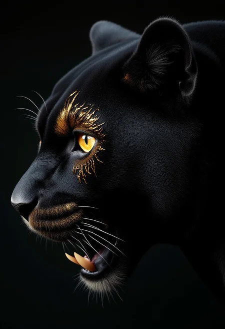 The extreme macro photo captures a fearsome black panther's left eye, bathed in a dark and inky contrast. Its piercing pure gold eyes and sharp teeth are visible in the background. The panther's dark fur, matted and messy around the eye due to the spray paint, contrasts dramatically with the metallic gold markings that adorn its face, particularly around and over the eye, resembling scales or armor. The spray paint gives the markings a wet, messy appearance. The photo is highly detailed and intricate.
 perfection style,mad-cybranmls, front view