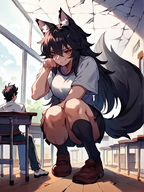 score_9, score_8_up, score_7_up, score_6_up, score_5_up, score_4_up, source_anime, 1girl, (rating_safe), solo, naughty face, red eyes, wolf ears, short messy hair, black hair, steaming body, indoors, <lora:krekkovPony_locon_e18:1>