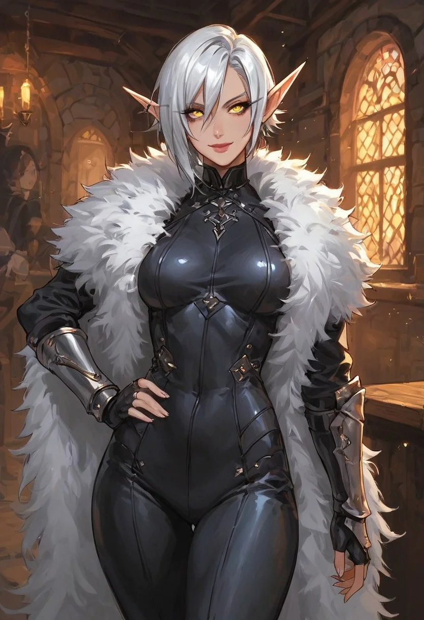 score_9, score_8_up, score_7_up, high detailed, high quality, source_anime, concept art, Expressiveh, easynegative, <lora:kitalmor4:0.8>,
...
1girl, solo, mature, curvy body, small breast, blood_elf,
pointed ears, multiple piercings, pale skin, gold eyes,
white hair, short hair, hair between eyes, Arlecchino hair style,
beauty face, smile,
...
black bodysuit, long sleeves, black pants, gauntlets, fingerless gloves, white feather boa,
standing, hands on hip,
...
cowboy shot, looking at viewer,
fantasy tavern, busy tavern, night,