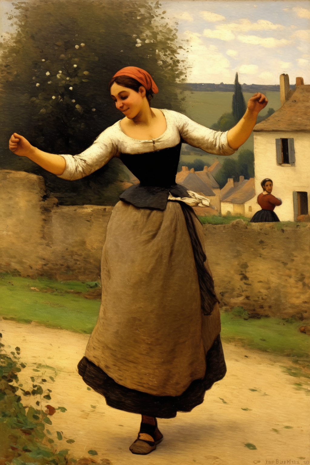 <lora:Jean-Baptiste-Camille Corot Style:1>Jean-Baptiste-Camille Corot Style - by Camille Pissarro,woman dancing European Medieval Countryside