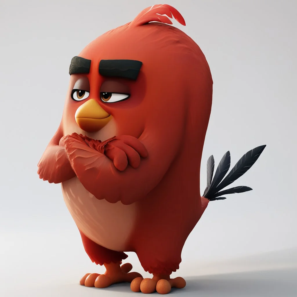 red_bird, angry birds, score_9, score_8_up, score_7_up, score_6_up, score_5_up, score_4_up, source_furry, hi res, sfw. 3D artwork, 3D render, 3D artwork, FRESHIDEAS pixar style.
red plumage, robust body, black eyebrows, thick eyebrows, small beak, brown eyes, round body, red head tuft, tail feathers, feathered hands, winged arms, under-eye circles, bird, short legs, solo, avian feet.
White background, crossed arms, serious look, smirk, standing, full body.