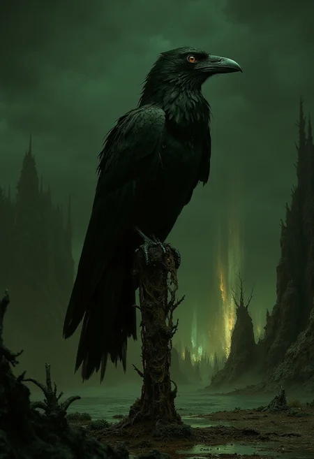 A cinematic illustration of a raven perched atop a twisted pole in a poison-tainted land. The scene is bathed in dark amber and green translucent ink splashes, creating a haunting and surreal atmosphere. The raven, a symbol of mystery and darkness, looks outward, its eyes gleaming with an air of wisdom. The background is a desolate landscape, with a few distant, twisted trees and a dark, stormy sky. The overall aesthetic of the artwork is moody, evoking a sense of foreboding and tension., poster, painting, cinematic, illustration