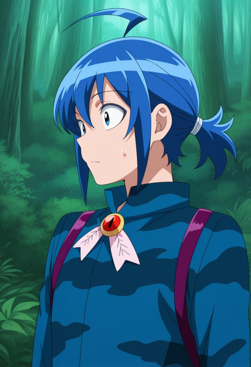 masterpiece,best quality,amazing quality, source_anime,
IrumaSuzuki, 1boy, male focus, solo, blue eyes, blue hair, ahoge, ponytail, jacket, camouflage jacket, blue jacket, brooch,
outdoor, nature,