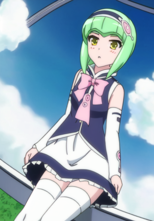 <lora:Francesca:0.8>, Francesca, 1girl, solo, skirt, thighhighs, green eyes, sky, day, cloud, white thighhighs, pink bow