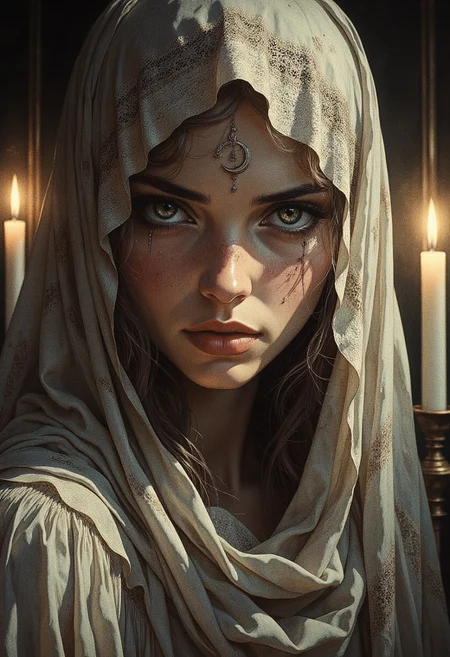An atmospheric and powerful dark fantasy, natural organic and impressionist classical-style painting of a close-up head and shoulder portrait of a woman in a shadowy, candlelit room. Her face is framed by a delicate, sheer, laced veil that drapes over her forehead and falls to her shoulders, partially obscuring her features but allowing the soft glow of her eyes to shine through. Her eyes are downcast, filled with a hint of sadness, and her cheeks wet with tears that spilled down her from her eyes. Her lips are slightly parted, as if caught in a moment of vulnerability. She wears a silver earring in the shape of a crescent moon, glinting softly in the candlelight, and her long hair flows loosely beneath the veil, cascading over her shoulders. The veil is embroidered with tiny, shimmering stars that catch the light, adding a touch of ethereal beauty. The background is blurred, with hints of soft, glowing candles casting warm shadows over her skin, emphasizing the intimacy and emotional weight of the scene., (((ultra-realistic style))), realistic soft lighting, dark, eye-catching, atmospheric lighting, natural, shallow depth of field, (highlights: 0.8), high detail (dynamic, cinematic shot, film grain, bokeh, depth of field,