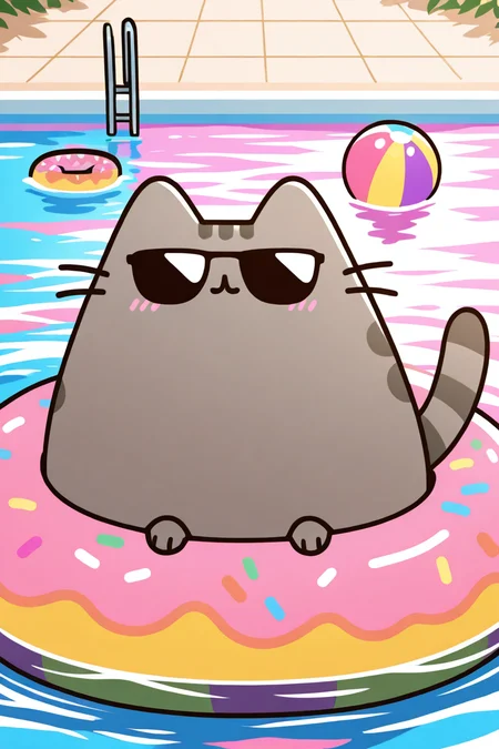 masterpiece, best quality, pusheen, floating on a donut-shaped pool float, sunglasses, swimming pool, colorful beach ball, summer vibes ,<lora:PusheenIXL:1.0>,