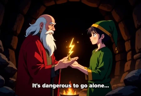 Flat colour anime style image showing. In a cave, lit by a fire. An old, wise, bald man with a long white beard and red robes is facing a young man. The young man is wearing a green tunic and a green pointed hat which hangs down his back. The old man is holding a precious golden artifact, shaped like a lightning bolt, in both hands, handing it to the young man. The scene is solemn and mysterious.
Text at the bottom if the image reads "It's dangerous to go alone..."