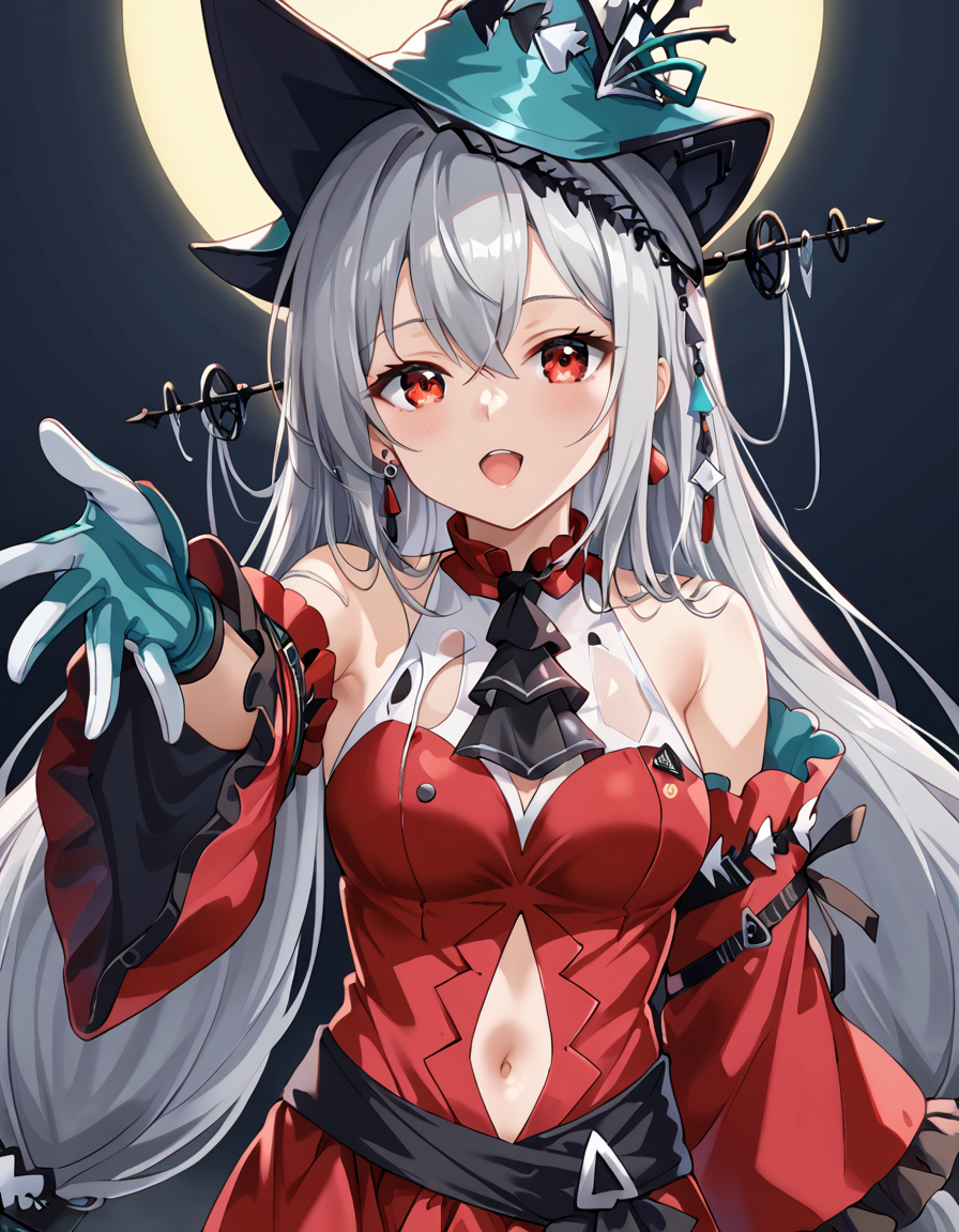 (masterpiece), (best quality), (ultra-detailed), Skalter, low twintails, very long hair, low-tied long hair, grey hair, red eyes BREAK, illustration, disheveled hair, detailed eyes, perfect composition, moist skin, intricate details, earrings, Volumetric Lighting, Skalter, low twintails, very long hair, low-tied long hair, grey hair, red eyes BREAK, light depth, dramatic atmospheric lighting, Volumetric Lighting, CH,CH hair ornament, CH detached sleeves, CH gloves, CH ascot, fabric strap, CH strap,black strap, CH dress, navel cutout, CH hat BREAK, looking at viewer, upper body, coastal, expresionless,open mouth, reaching out, ,outstreched arms, expresionless