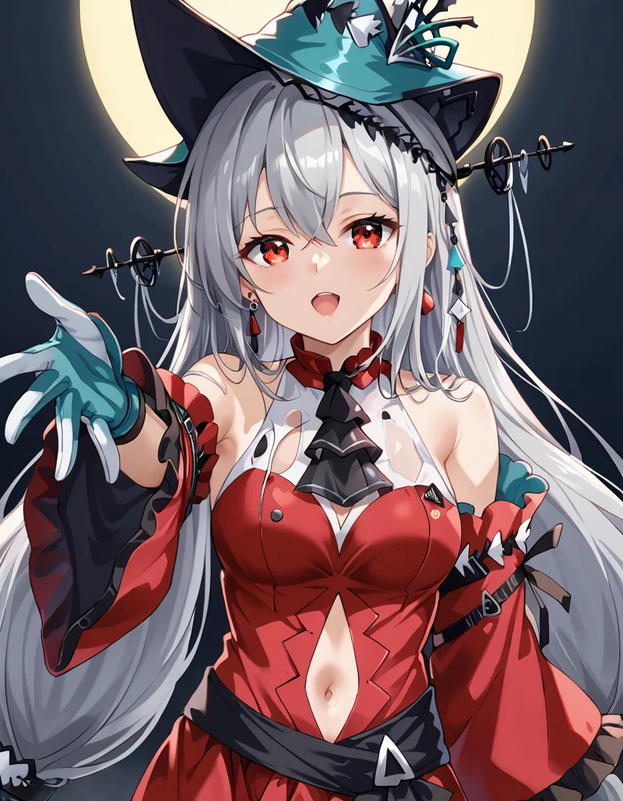 (masterpiece), (best quality), (ultra-detailed), Skalter, low twintails, very long hair, low-tied long hair, grey hair, red eyes BREAK, illustration, disheveled hair, detailed eyes, perfect composition, moist skin, intricate details, earrings, Volumetric Lighting, Skalter, low twintails, very long hair, low-tied long hair, grey hair, red eyes BREAK, light depth, dramatic atmospheric lighting, Volumetric Lighting, CH,CH hair ornament, CH detached sleeves, CH gloves, CH ascot, fabric strap, CH strap,black strap, CH dress, navel cutout, CH hat BREAK, looking at viewer, upper body, coastal, expresionless,open mouth, reaching out, ,outstreched arms, expresionless