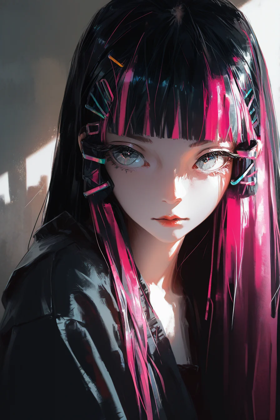 best quality, masterpiece, very awa, absurdres, <lora:high_detailILL:0.6> high_detail, dino_(dinoartforame), <lora:Smooth_Booster_v2:0.6>, <lora:Niji_oil_painting_drawing-anime:0.8>, anime,
Bold, rebellious, and edgy, High-contrast lighting with chromatic aberration, Overlayed with retro VHS static effects and glitch textures,
cool girl, solo, portrait, black hair, straight hair, hime cut, long hair, straight bangs, pink hair highlights, pink hair clips, short bangs, bangs above eyebrows, big eyes, grey eyes,