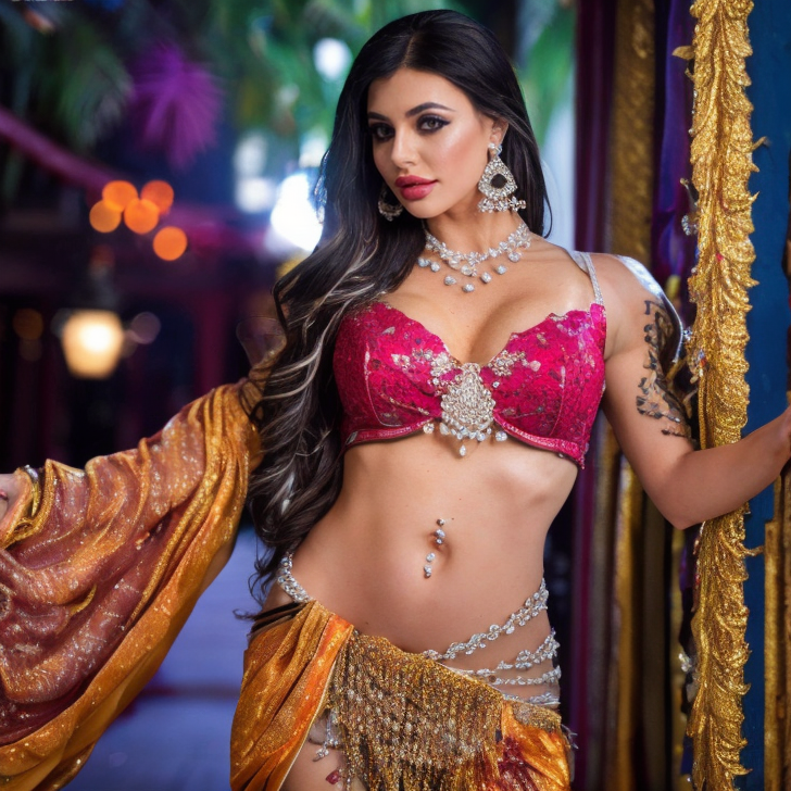 (masterpiece:1.2), (best quality,:1.2), 8k, HDR, ultra detailed, ((photorealistic)), perfect anatomy, professional light, cinematic lighting, fashion photography, ambient lighting,<lora:detail_slider_v4:2.5>, Melissa, <lora:Melissa-10:1>, earrings, dark makeup, as exotic dancer, (full body shot), wearing intricate FanDan costume, necklace, belly chain, headpiece, <lora:FantasyDancer-10:0.6>, seductive pose, epiCPhoto