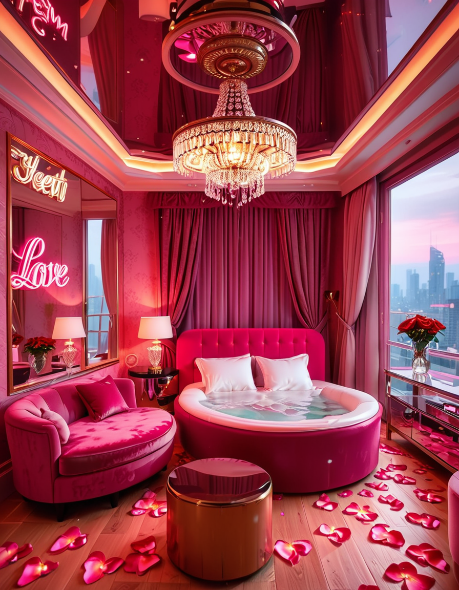 A luxurious, stylish love hotel room,love hotel r00m with a romantic and intimate atmosphere. The room features a large, round king-sized bed with silky red and black sheets, surrounded by soft, ambient lighting. Neon pink and purple LED lights illuminate the walls, creating a sensual glow. A plush velvet sofa sits near the bed, with a glass-topped coffee table holding champagne glasses and a chilled bottle of champagne. The ceiling has a large mirror, reflecting the entire room. On one side, thereâs a floor-to-ceiling window with sheer curtains, showing the night cityscape in the background. A modern jacuzzi tub with rose petals floating on the water is visible in the corner, surrounded by candles. The room has a sleek, modern design with a touch of opulence, including gold accents on the furniture and warm wooden floors. The lighting is dim and moody, emphasizing the romantic ambiance.
<lora:SDXLFaeTastic2400:0.4> <lora:extremely_detailed:0.4> extremely detailed, <lora:love_hotel_r00m:1>, Masterpiece,best quality,hi res,8k,hi res,8k,award winning,(sharp focus, intricate, highly detailed),