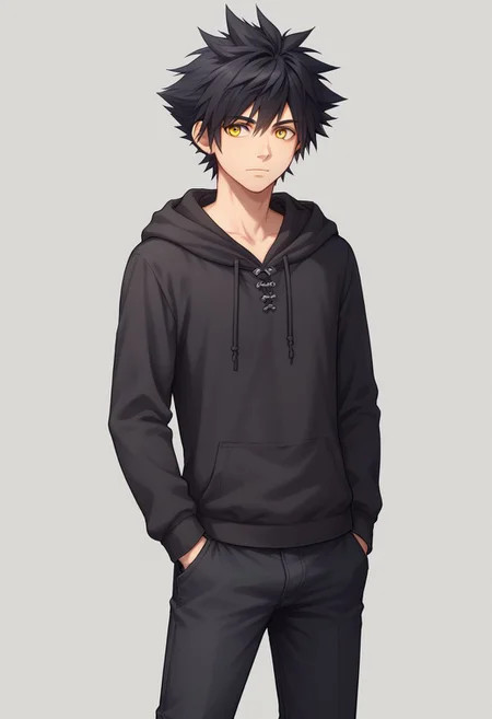 score_9, score_8_up, source_anime, highly detailed, 1boy, solo, male_focus,
vanitas, solo, 1boy, male focus, spiked hair, black hair, yellow eyes, hoodie, pants, shoes, upper body,