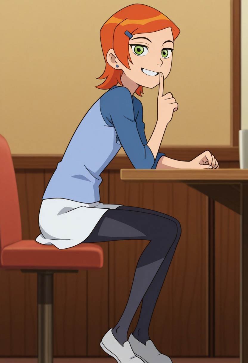 masterpiece, best quality, amazing quality,, solo,
1girl,Gwendolyn_Tennyson,Orange hair, Green eyes, blue and white outfit, shirt, skirt, pantyhose, shoes, anime screencap, restaurant, sitting, elbow rest, looking at viewer, grin, from side,, <lora:shushing-illustriousxl-lora-nochekaiser:1>, shushing, finger to mouth, index finger raised,, ,