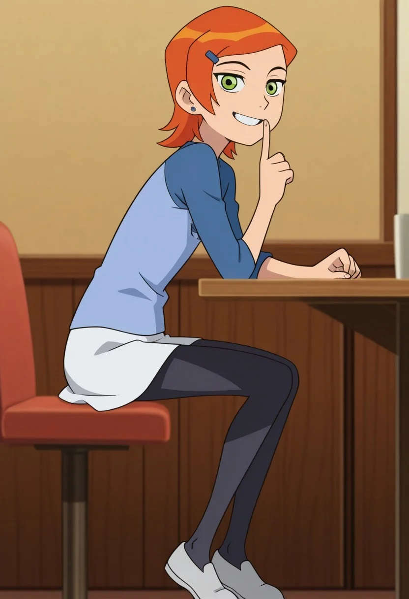 masterpiece, best quality, amazing quality,, solo,
1girl,Gwendolyn_Tennyson,Orange hair, Green eyes, blue and white outfit, shirt, skirt, pantyhose, shoes, anime screencap, restaurant, sitting, elbow rest, looking at viewer, grin, from side,, <lora:shushing-illustriousxl-lora-nochekaiser:1>, shushing, finger to mouth, index finger raised,, ,