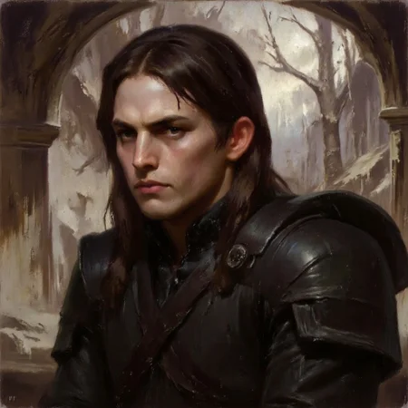 Dark-Fantasy-Cardd-V.2.0 style dark fantasy oil painting with detailed eyes that features a male elf warrior, with long black hair wearing a black leather armor