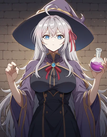 score_9, score_8_up, score_7_up, source_anime, alisamikhailovnakujou, <lora:alisa-mikhailovna-kujou-s1-ponyxl-lora-nochekaiser:1>, alisa mikhailovna kujou, long hair, bangs, blue eyes, hair ribbon, ahoge, grey hair, red ribbon, large breasts,, <lora:wizard-ponyxl-lora-nochekaiser:1>, wizard, wizard hat, robe, dress, long sleeves, gloves,, indoors, bricks, potion, flask, vial,, cowboy shot,