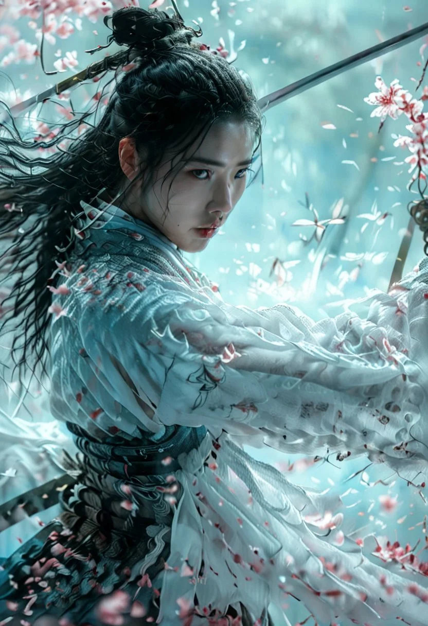 XUER martial arts style, wuxia, high_quality, highres, detailed_eyes, beautiful, detailed, masterpiece, best quality, absurdres, 8k, HDR,
BREAK,
1boy, swordsman, Chinese, strong face, heroic face, black hair, long hair, top knot, Xiao Guan, wuxia hanfu, white hanfu, blue hanfu, jian,
Break, 
Ancient Chinese village, Sword Sakura