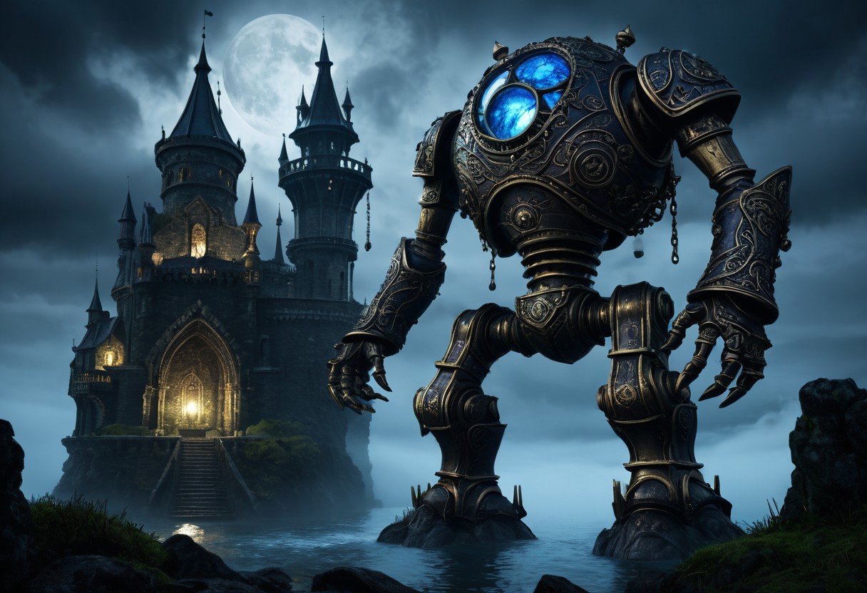 giant bipedal robots sapphire blue and bronze paisley robot. lacy robot diver helmet head. outside of a steampunk keep. large detailed torso. dark image. one forty foot tall ancient robot with great arms and two heavy spring legs. dark foggy night background. $dark foggy night image only. dark photo realistic image. steampunk details. cogs, chains and pipes incorporated in the fantasy buildings. magic wizards tower in background. Dark swamp, moss, castle ruins, wizards tower. stormy dark night. splash
