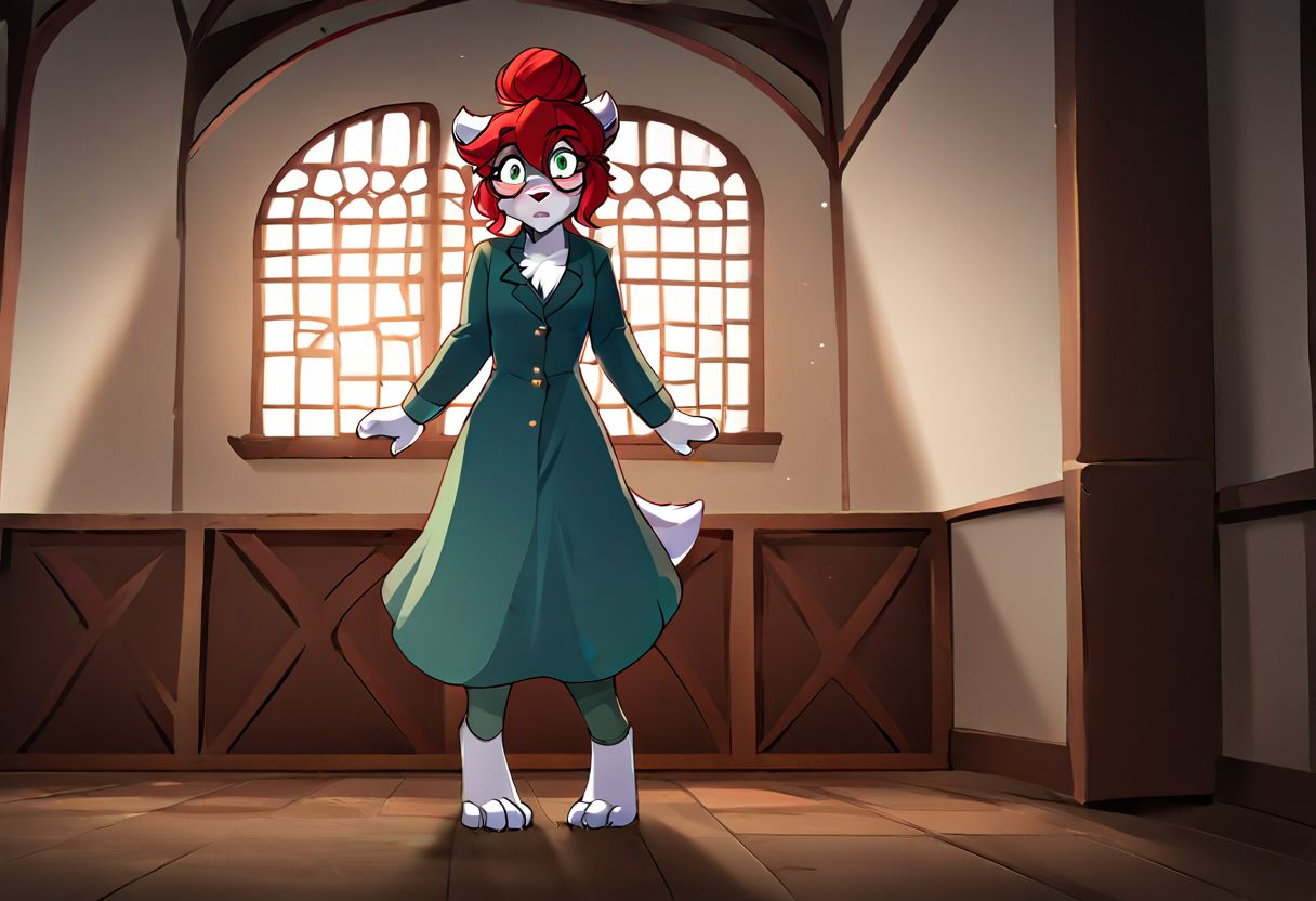 score_9, score_8_up, score_7_up, hi res, source_furry, source_anime, rating_explicit, {best quality, masterpiece:1}, detailed background, indoors, manor bedroom, {night}, {dark lighting}, {POV}, solo, solo focus, full body shot, looking at viewer, tkrose, mammal, white fur, red hair, green eyes, anthro, sneaking, surprised expression,  hair in bun, {{{grey streaks in hair}}}, small breasts, {green blazer and green dress}, {glasses}, {green thigh-high stockings}, paws, slight blush, standing