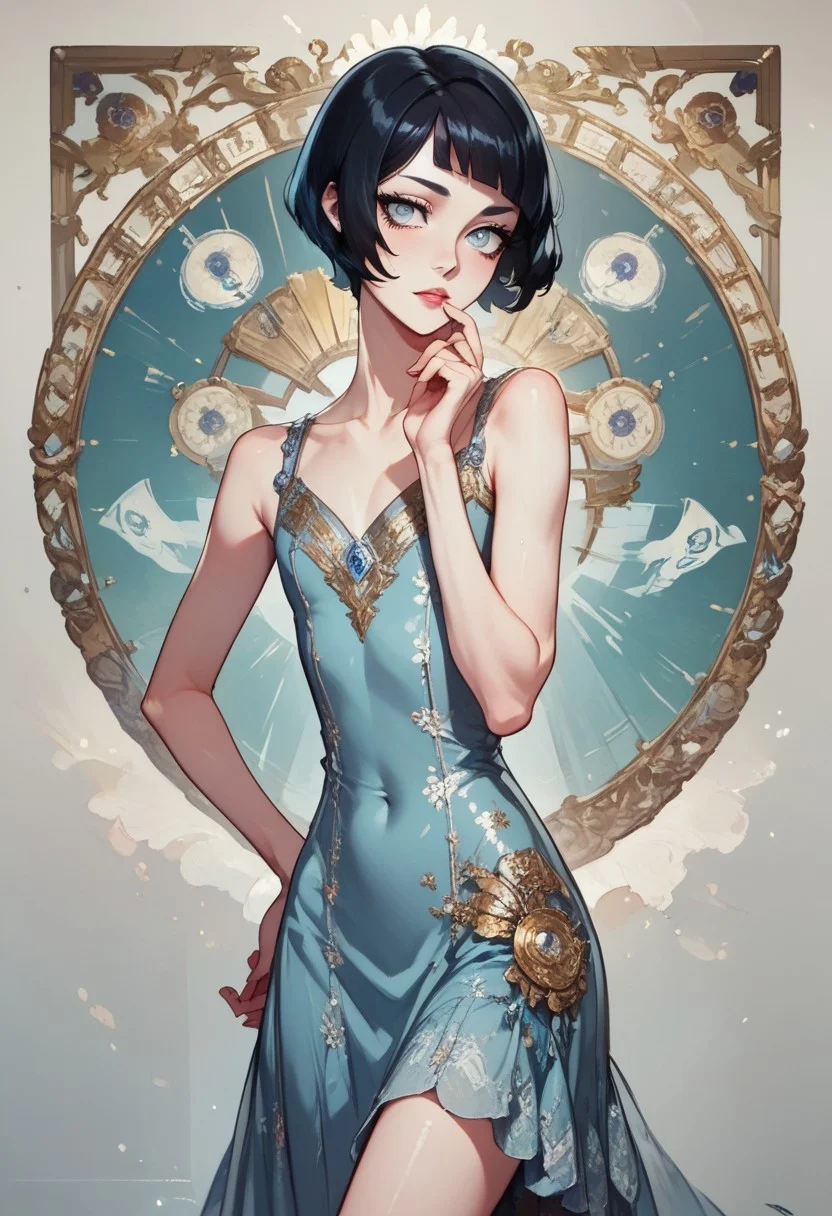 score_9, score_8_up, score_7_up, 1boy, femboy, otoko no ko, short hair, bob cut hair, black hair, grey eyes, gray eyes, feminine face, toned body, Shelly, 1920s fashion style, art deco, vintage, flapper dress, highly detailed, intricate, zzCitronCAT, pose, modelshoot