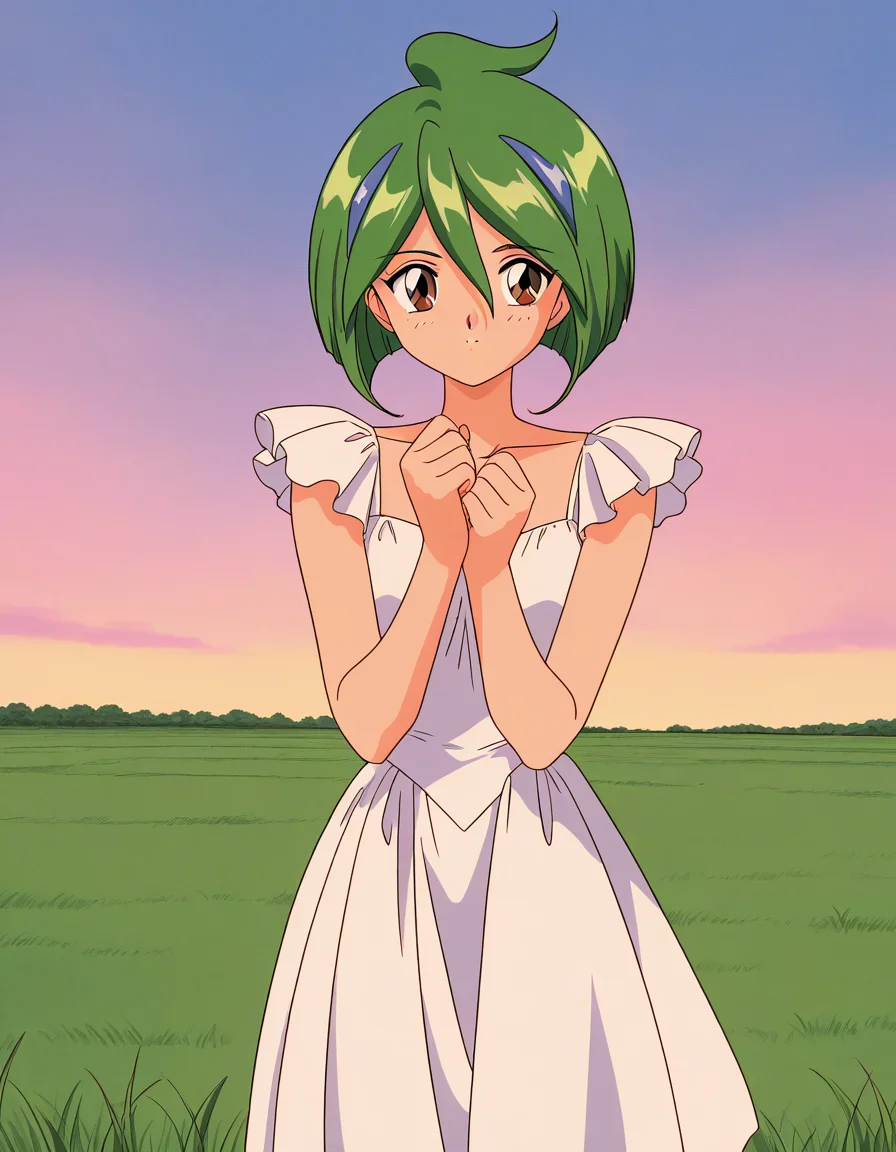 general,highres, ultra-detailed,very aesthetic,best quality ,best hands, BREAK <lora:Tamano_Hinagiku_IS:1> Tamano_Hinagiku, 1girl,solo, green hair, short hair, brown eyes, hair between eyes, 1990s (style),anime coloring,
grass, sky,
