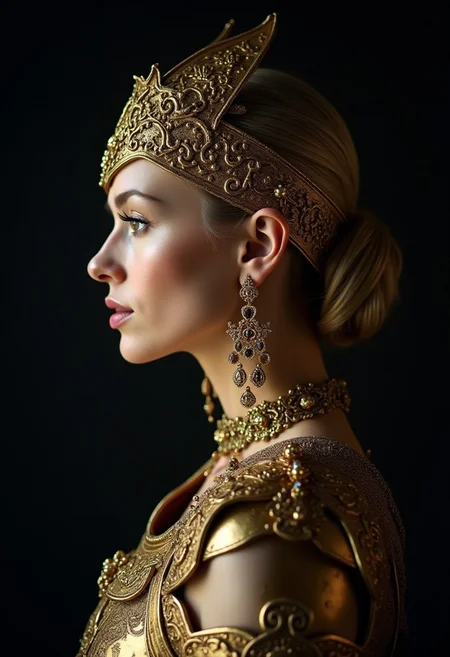 A profile portrait of a woman wearing ornate golden armor and jewelry, including an elaborate headpiece and large earrings. Her pale skin , and her hair is styled in an up do. The lighting highlights the intricate details of the armor and accessories against a dark background, creating a regal and dramatic atmosphere
