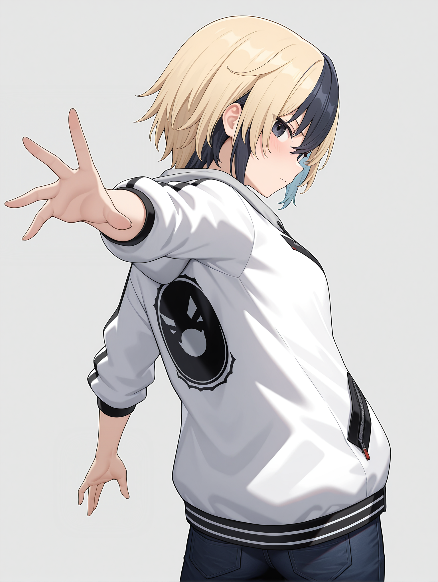 masterpiece,best quality,newest,
1girl,solo,
<lora:Tatsumi_Ryuko_ilxl_v1.0:1>,t_ryuko,short hair,black eyes,blonde hair,black hair,multicolored hair,
c_n,white hooded jacket,open jacket,jacket,denim,
<lora:Fixhands_anime_bdsqlsz_V1:1>,face_focus,looking_at_viewer,open_stance,standing,light_blush,white_background,from behind,from_back,looking_back,