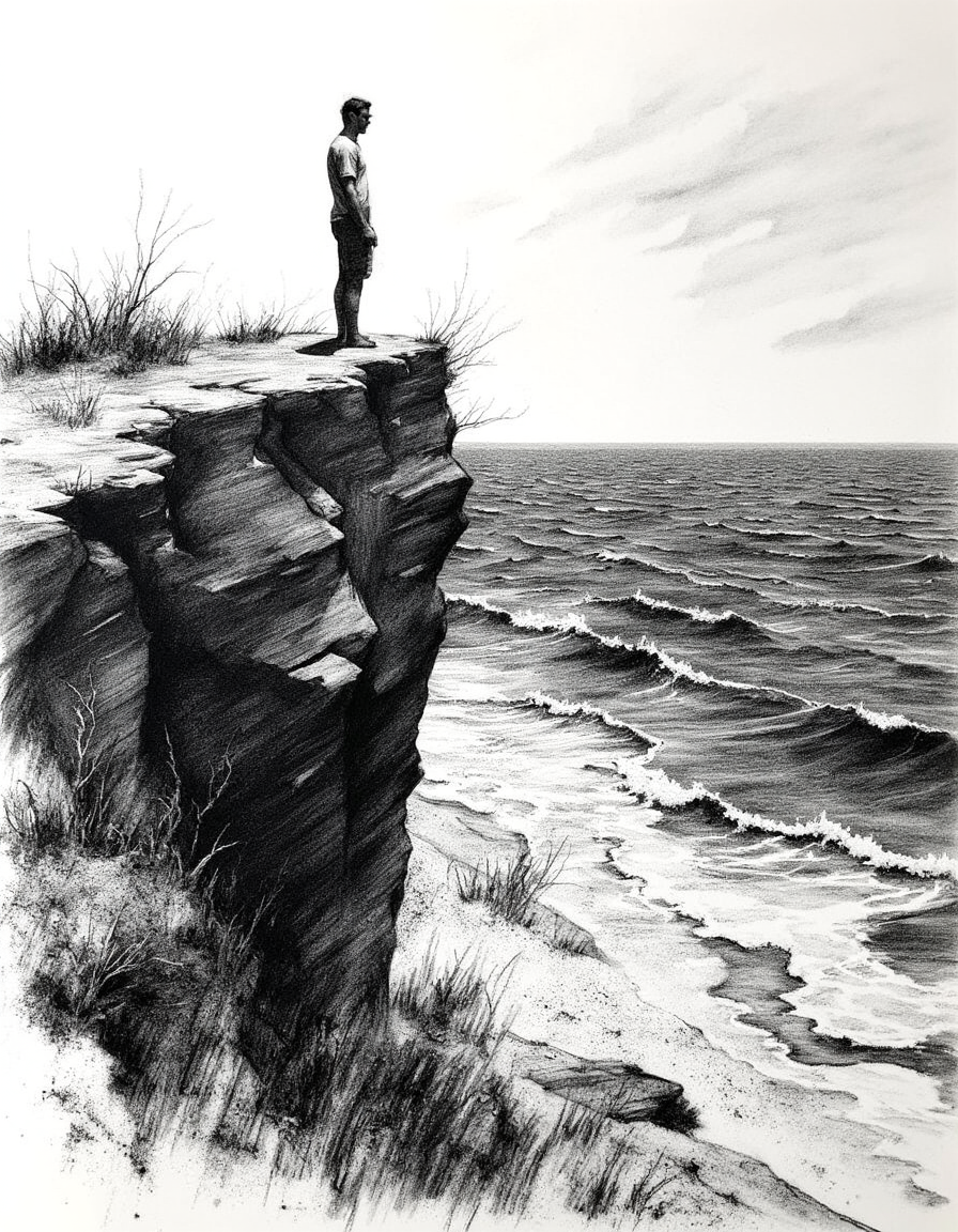 Detailed charcoal landscape drawing. A man stands on the edge of a cliff above the ocean, waves crashing below. Atmospheric emotional scenery, Charcoal masterpiece.<lora:Charcoal.safetensors:1.0:1.0>