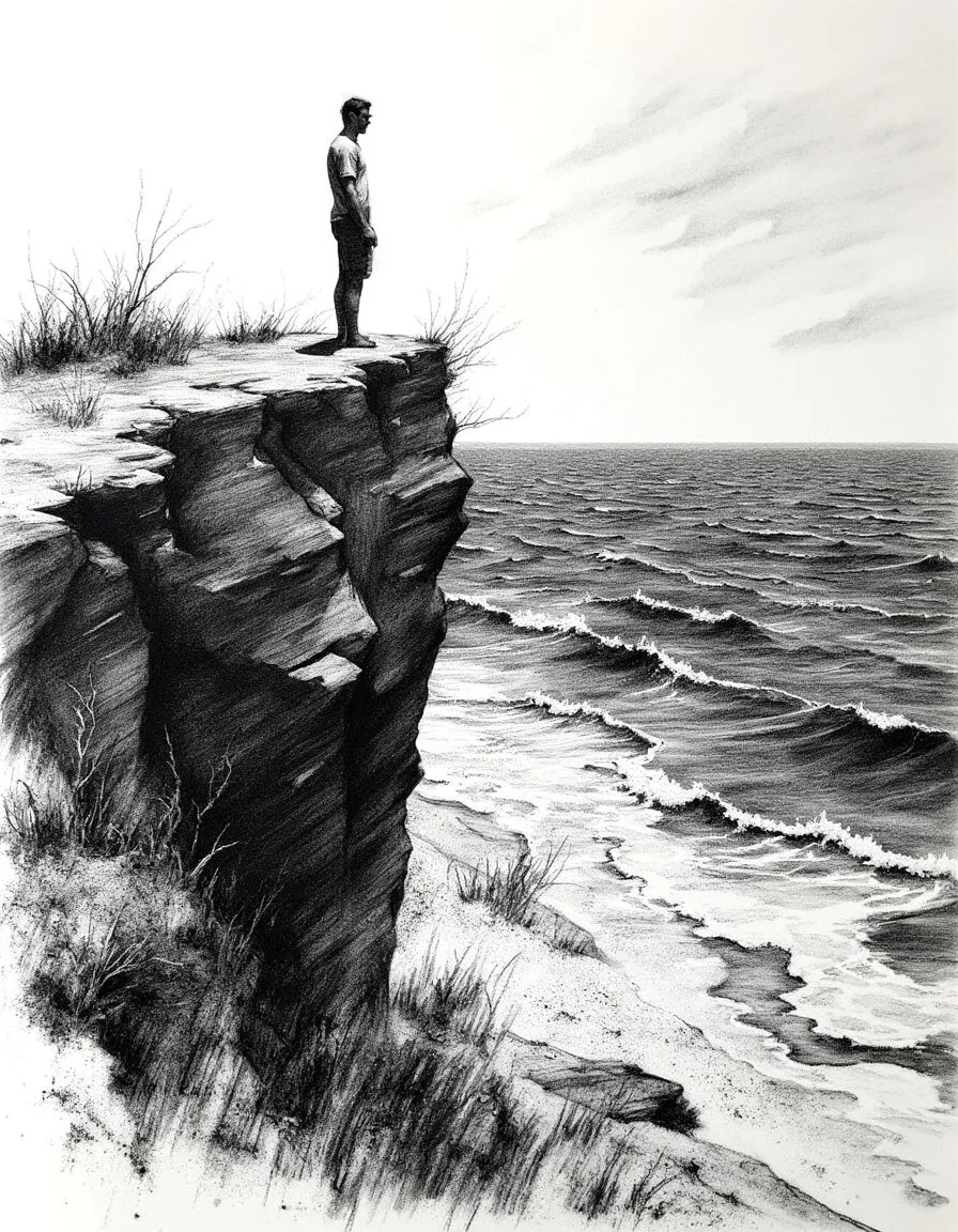 Detailed charcoal landscape drawing. A man stands on the edge of a cliff above the ocean, waves crashing below. Atmospheric emotional scenery, Charcoal masterpiece.<lora:Charcoal.safetensors:1.0:1.0>