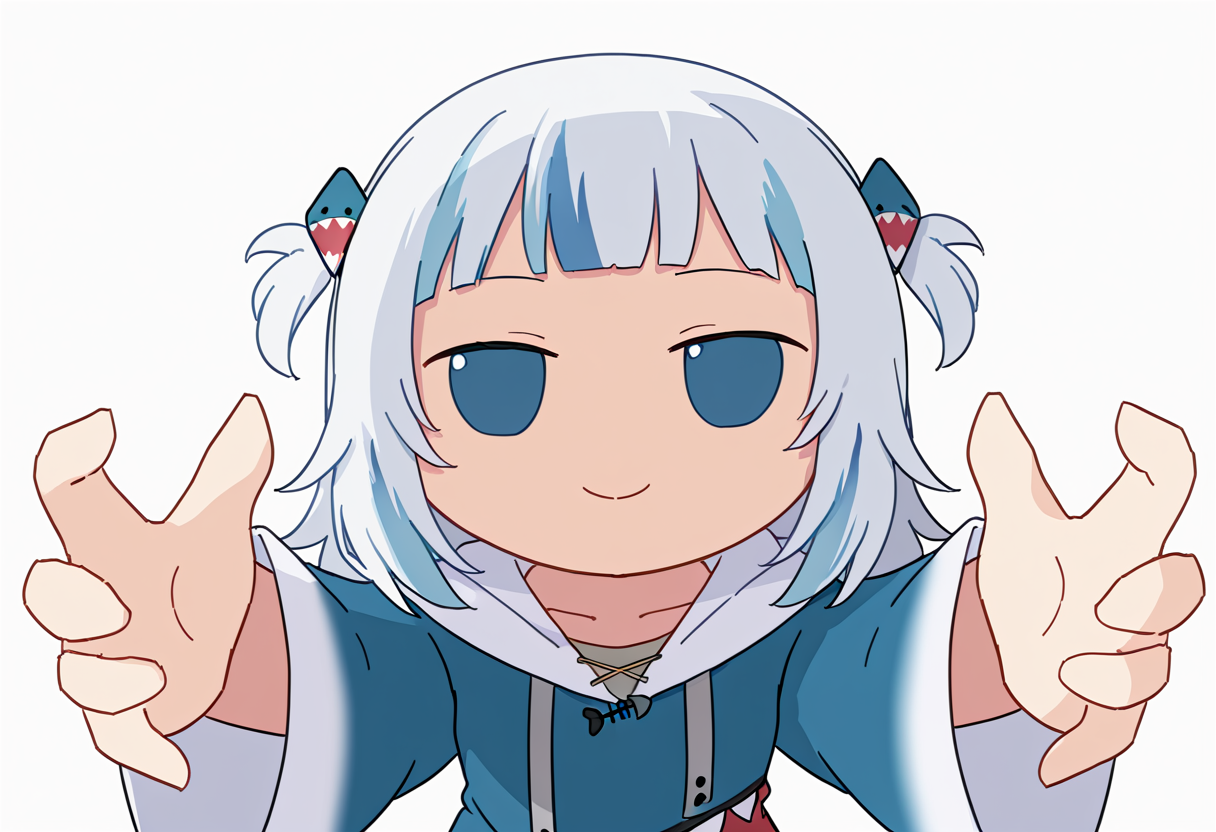 masterpiece, best quality, absurdres, let me hold it, fumo (doll), 1girl, solo, looking at viewer, simple background, hair ornament, open hands, gawr gura,<lora:your_milkers_look_heavy_maam_let_me_hold_them_meme:1> <lora:lora:1>