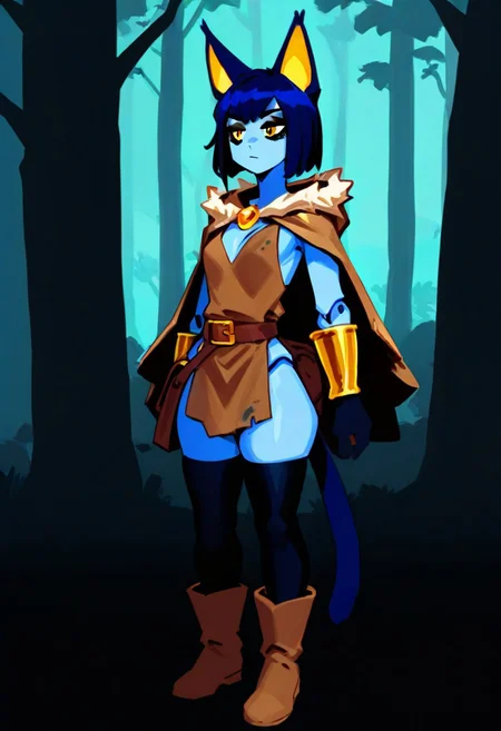 <lora:AshFondue_Illustrious_v8:0.9>, no lineart,
blue cat ears, blue cat tail, (blue skin: 1.4), colored skin, yellow eyes, cat pupils, dark blue hair, medium hair, bobcut, doll joints, bored, jitome, black eyeshadow, flat breasts, medium hips, short, dark blue ears, dark blue tail, gold inner ear, gold details, thief cloak, fur trim, long sleeve tunic, belt, purse, black leggings, boots, long gloves, long boots, skirt, dirty clothes, dark clothing, brown and black clothes, thick clothes, bracers, rogue, thief, fantasy, woods, hood down, thick gloves, gold forearm bracers,
BREAK masterpiece, best quality, detailed background,