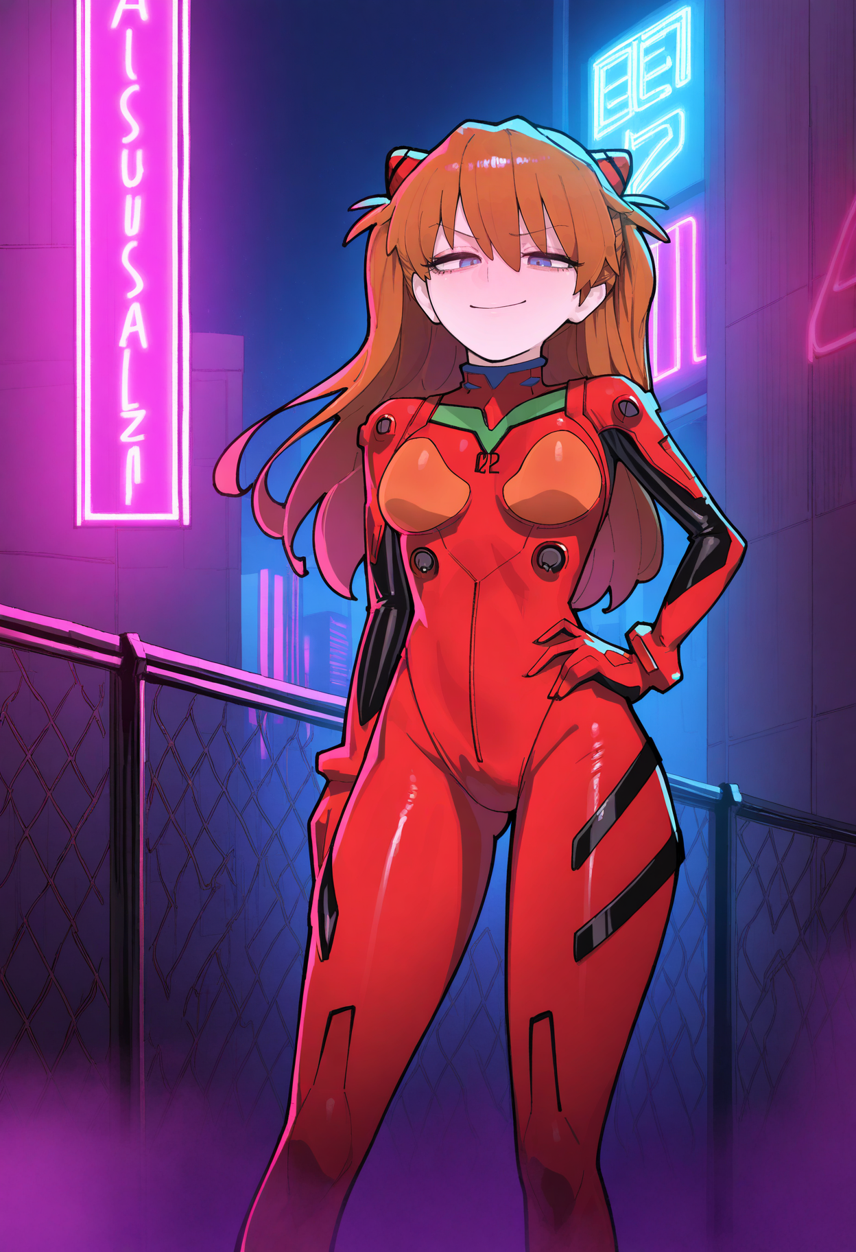 best quality, amazing quality, very aesthetic, absurdres,
1girl, asuka langley, red plugsuit, standing, smug, looking at viewer, futuristic background, neon light , buildings, night, <lora:Azz0422Noob_byKonan:1>