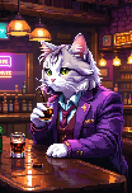 pixel-art, modeltrue, best quality, 4k, hd, a cat in a bar looking nostalgic smoking a cigar and drinking alcohol, low light, ray tracing, smoke, purple_(theme), white neon lights, melancholic, wide angle, cowboy shot.