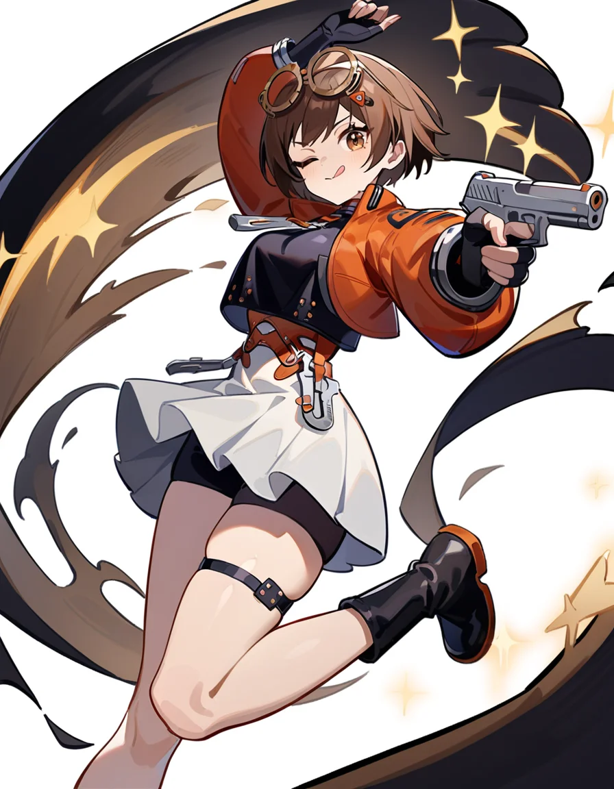 masterpiece,best quality,very aesthetic,absurdres,
<lora:qianqiu_xl:0.8>,anotherstyle, felllowmoon-qianqiu, 1girl, solo, one eye closed, brown hair, eyewear on head, tongue out, gloves, tongue, orange jacket, boots, fingerless gloves, short hair, brown eyes, gun, holding, jacket, weapon, arm up, white background, black gloves, thigh strap, cropped jacket, holding weapon, black footwear, sparkle, handgun, holding gun, simple background, full body