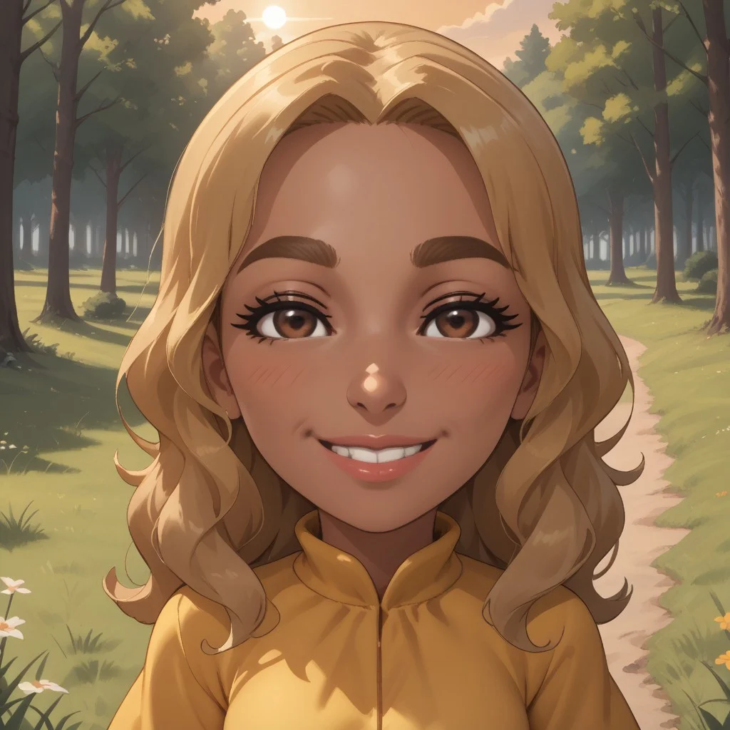 score_9, score_8, BREAK, solo, wii, mii, wii sports, female mii, 1girl, blonde hair, brown eyebrows, brown eyes, black eyeshadow, blush, lips, teeth, dark skin, yellow clothing, white pants, shoes, nintendo mii, modern_mii, classic_mii, breasts, Sara_(Wii_Sports), cute, mature female, sexy pose, smile, outdoors, sunlight, shadows, evening lighting, natural lighting, forest, trees, grass, orange sky, sunset