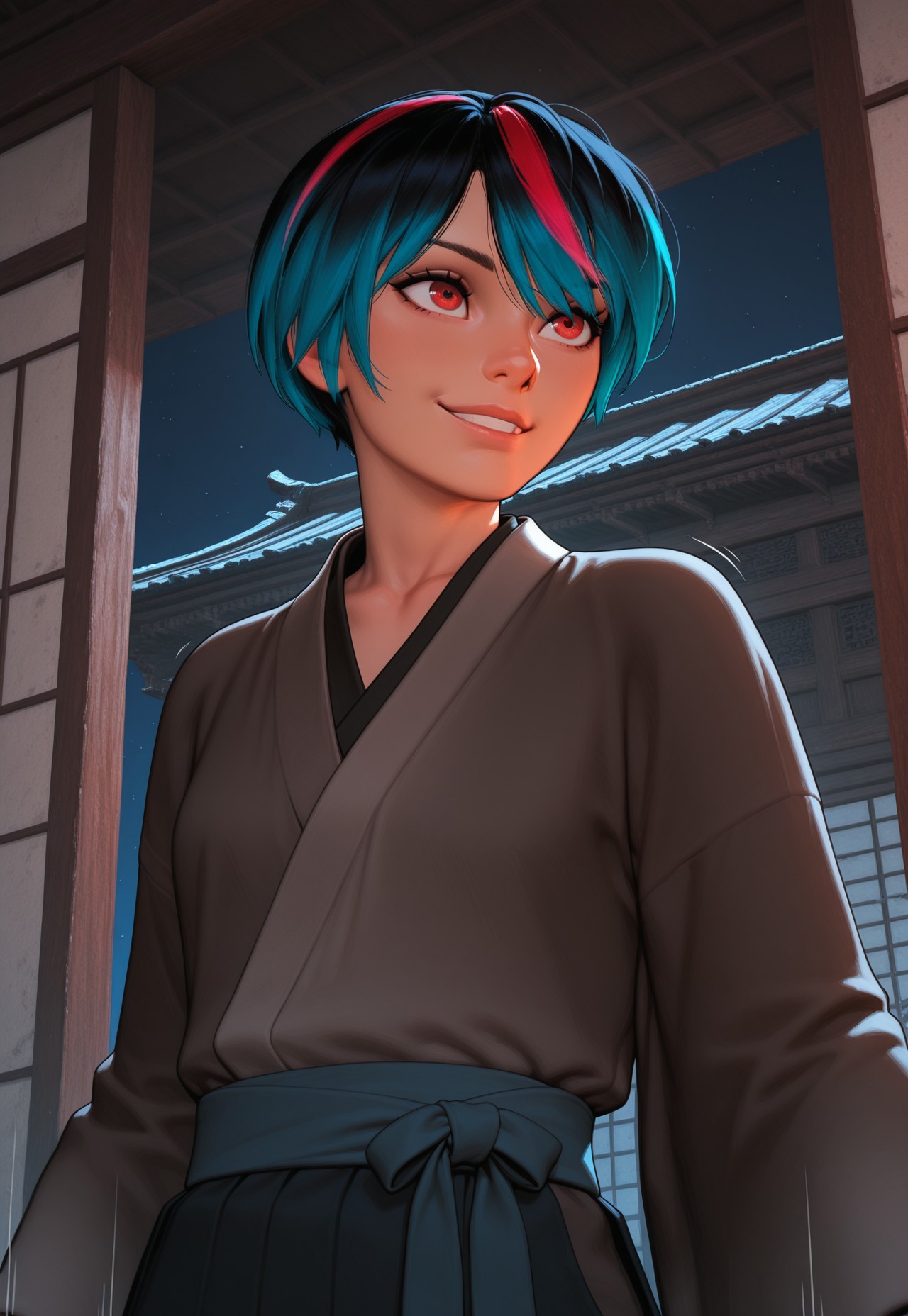 masterpiece,best quality,amazing quality,newest, absurdres, highres, detailed eyes, beautiful, perfect eyes, finely detailed face, very aesthetic, anime coloring, anime screencap, incoth, (incase:0.6), 

1girl, shiina, short hair, multicolored hair, slim, small breasts, kimono,

 smile,

 dynamic pose, energetic, motion lines,  

eastern asian architecture, 