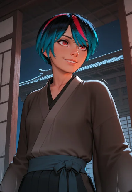 masterpiece,best quality,amazing quality,newest, absurdres, highres, detailed eyes, beautiful, perfect eyes, finely detailed face, very aesthetic, anime coloring, anime screencap, incoth, (incase:0.6),
1girl, shiina, short hair, multicolored hair, slim, small breasts, kimono,
smile,
dynamic pose, energetic, motion lines,
eastern asian architecture,